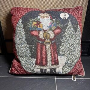 Fashion Woven Tapestry Christmas Santa Claus Throw Pillow Red Green Snowy Forest